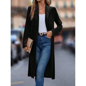 Long velvet cardigan duster coat fold over collar black